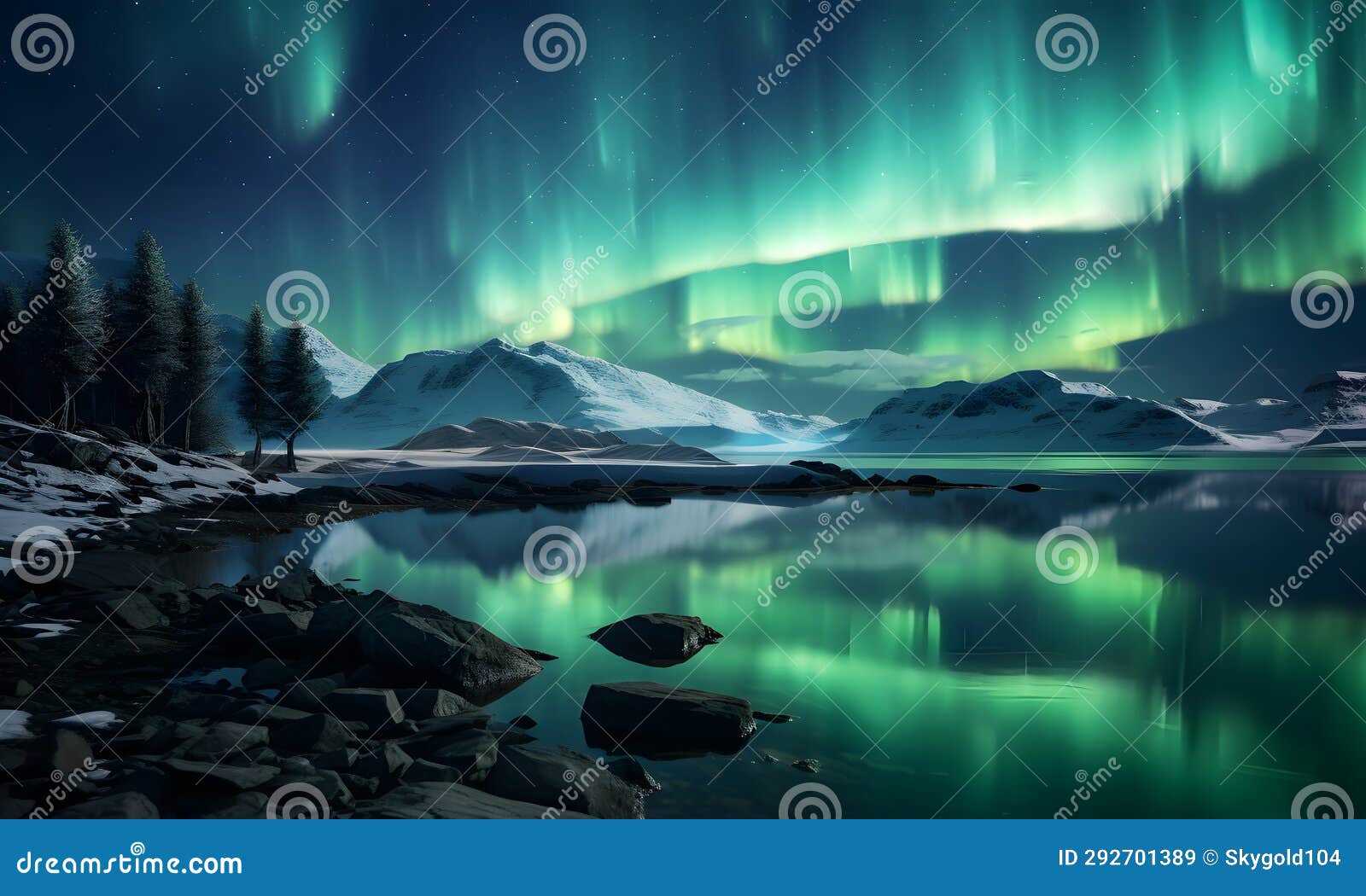 the phenomenon of the northern lights is beautiful and beautiful, shining down from the sky onto the river.ai generated